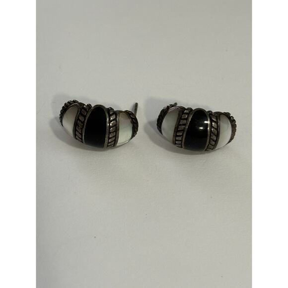Vintage Sterling Silver Onyx & MOP Earrings Black White - Picture 2 of 3